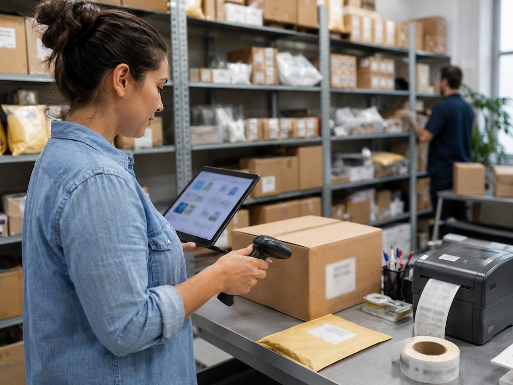 Proces automatyzacji retail z tabletem, skanerem i uporządkowanymi produktami.