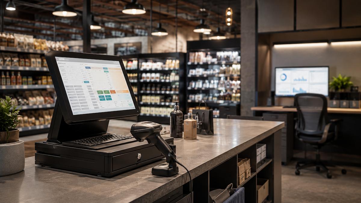Nowoczesne środowisko retail z kasą POS, skanerem i ekranem systemowym.