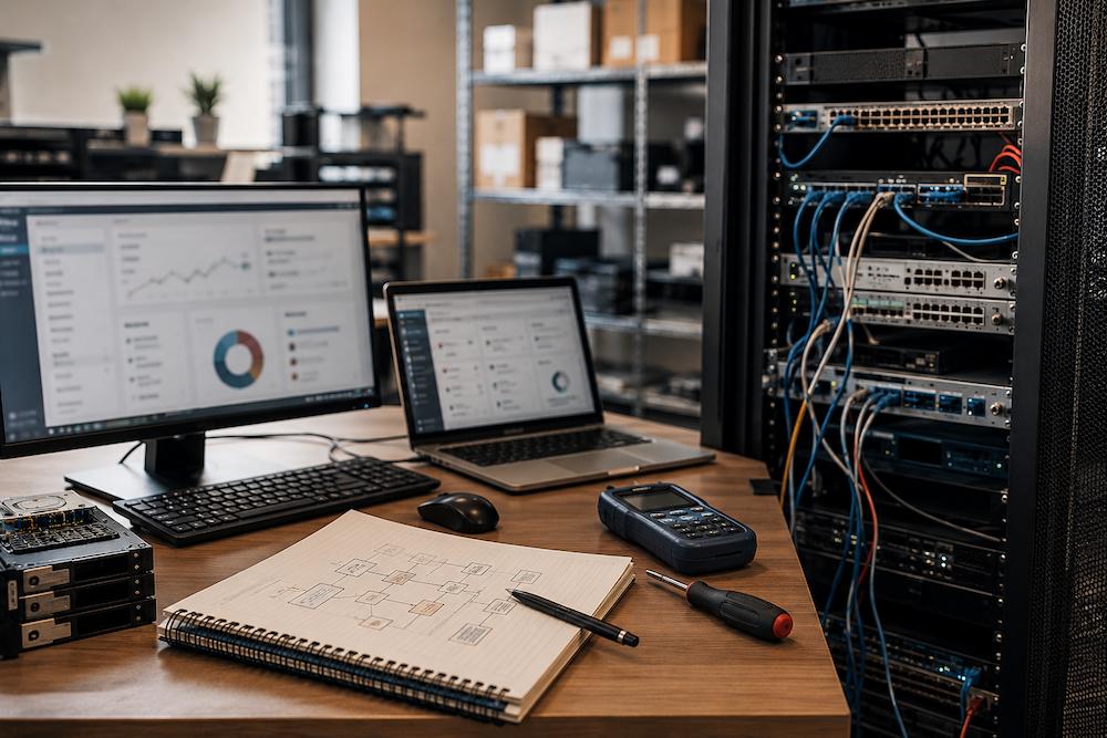 Serwer i stanowisko diagnostyczne z panelem monitoringu systemu.