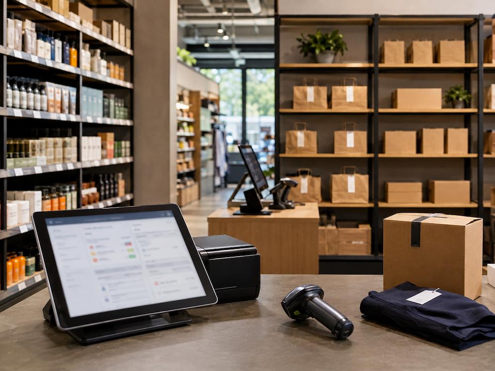 Środowisko sprzedaży omnichannel z półką sklepową, stanowiskiem odbioru zamówień i urządzeniem POS.