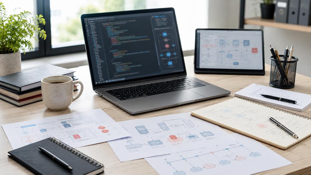 Laptop i diagram architektury wykorzystywane podczas doradztwa IT.